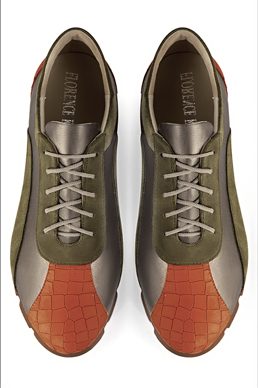 Terracotta orange, taupe brown and khaki green women's three-tone elegant sneakers. Round toe. Flat rubber soles. Top view - Florence KOOIJMAN